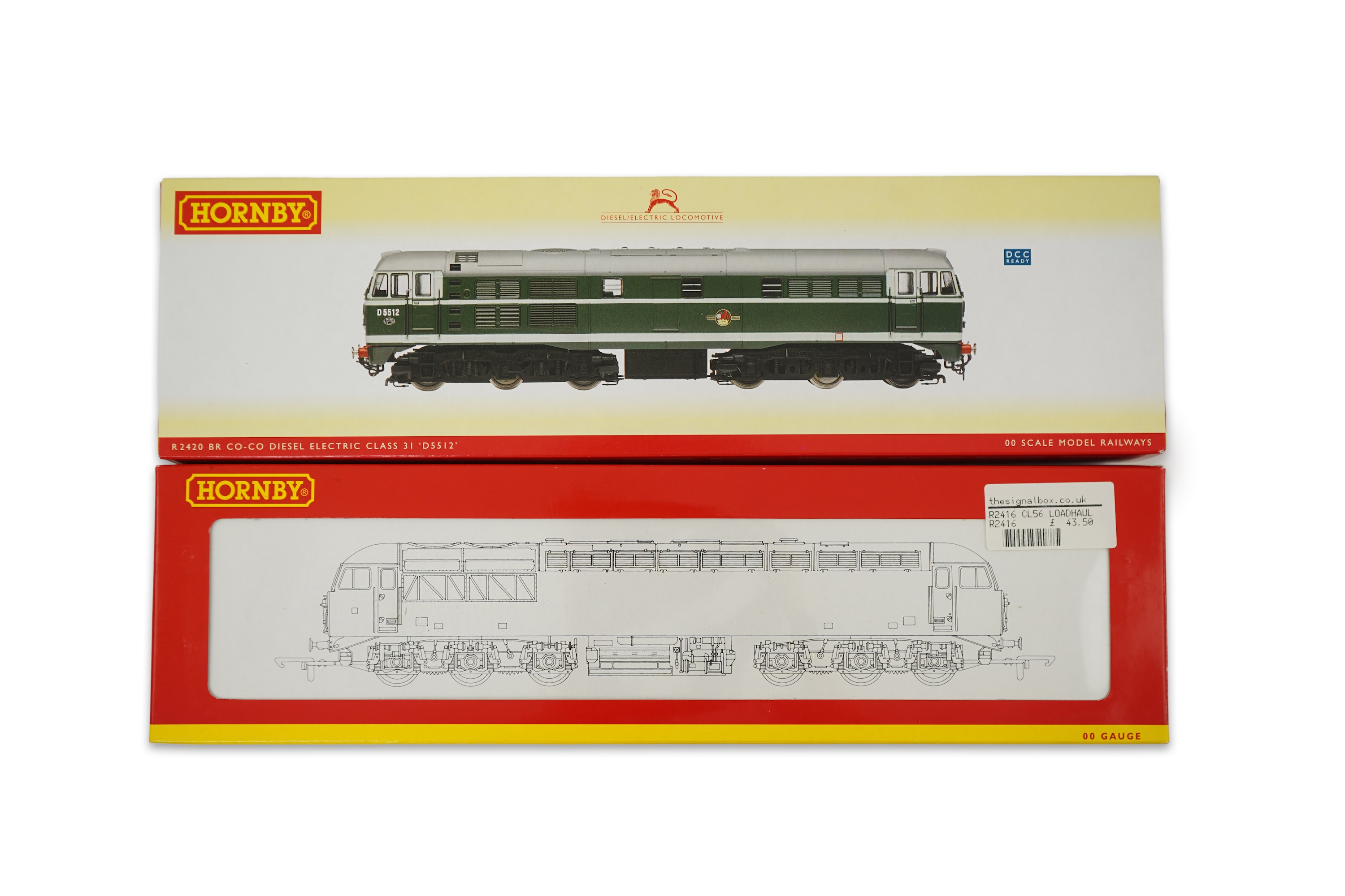 Two boxed Hornby Hobbies 00 gauge railway diesel-electric locomotives; a Loadhaul class 56 Co-Co, 56107, (R2416), together with a BR class 31 A-1-A, D5512, (R2420)
